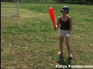 Innocent Teen Kitty Playing Softball Outdoors