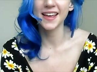 Blue Haired Girl In Flowers Plays With Tits
