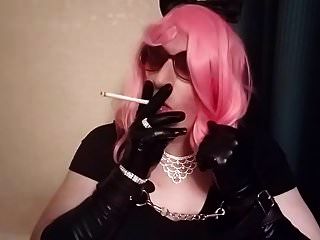 Sissy Mandy Bitch In Pink Smoking Vs120 In Cuffs And Gloves